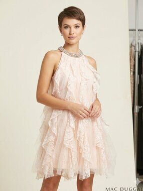 Mac Duggal Size 2 Peach Lace Tulle Ruffle Mini Dress Jeweled Halter Neck NWT
